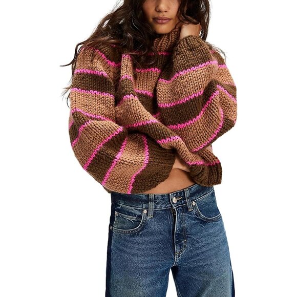 Sweaters - Women's Stripe Pullover Sweater Turtleneck Ribbed Knit Top Chunky Knitwear Brown